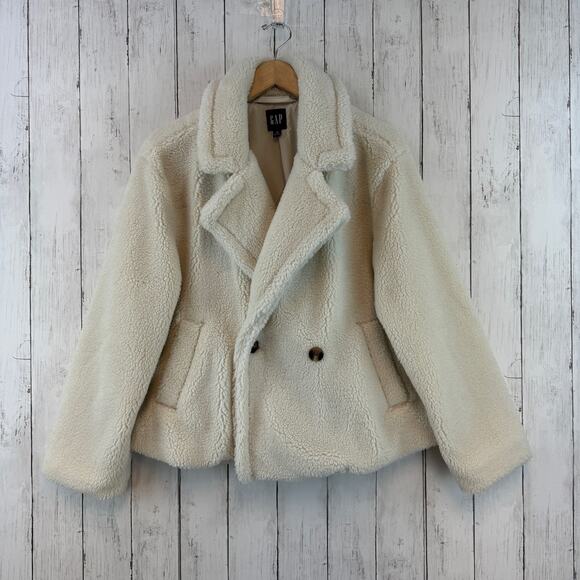 Gap Cream Soft Faux Fur Sherpa Teddy Double Breasted Jacket Size Medium - Picture 1 of 16